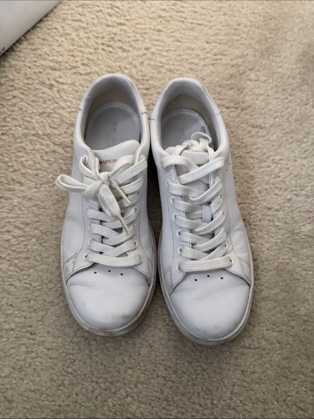 Tory Burch White Leather Lace-Up Sneakers with Gold Logo Accent